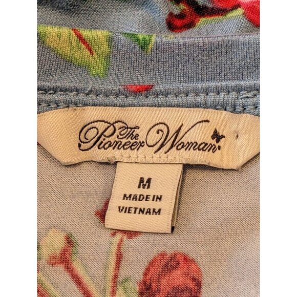 The Pioneer Woman Size M Classic Blue Red Floral Print Top Blouse Stretch Soft - Picture 5 of 7